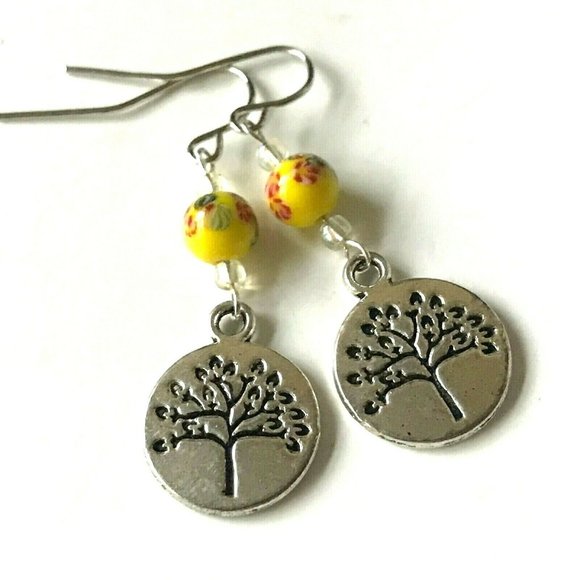 Celtic Tree of Life Murano Bead Earrings Yellow Red Silver Plated Vintage Beads - Picture 2 of 8